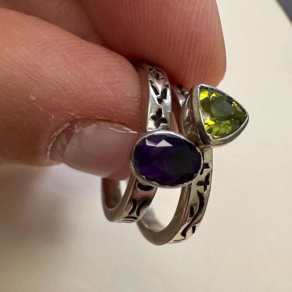Sterling Silver Rings Pair with Amethyst and Peridot Stones Size 7 6.8g